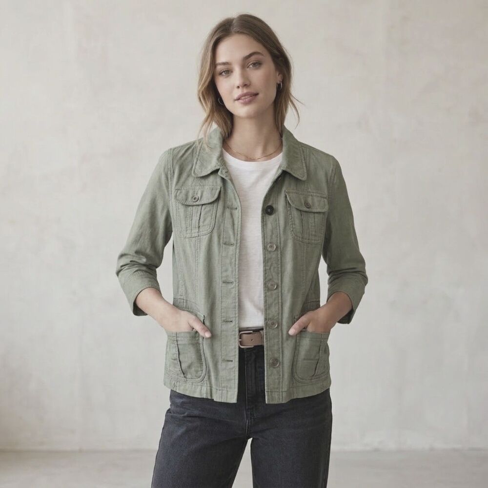 Caslon Cotton Sage Three Quarter Sleeve Utility Cargo Jacket Blazer SZ M